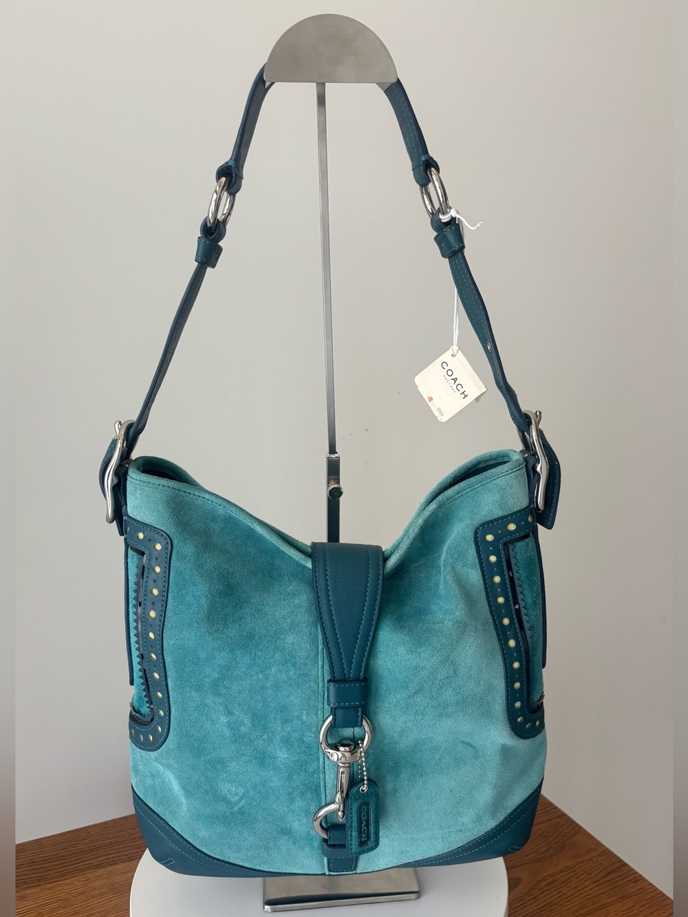 Coach 2006 NWT Hamptons Suede Hobo Bag, Teal Blue w/Silver Hardware NEW IN BOX